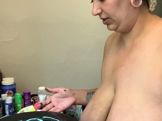 Busty curly brunette with big boobs fucks on couch